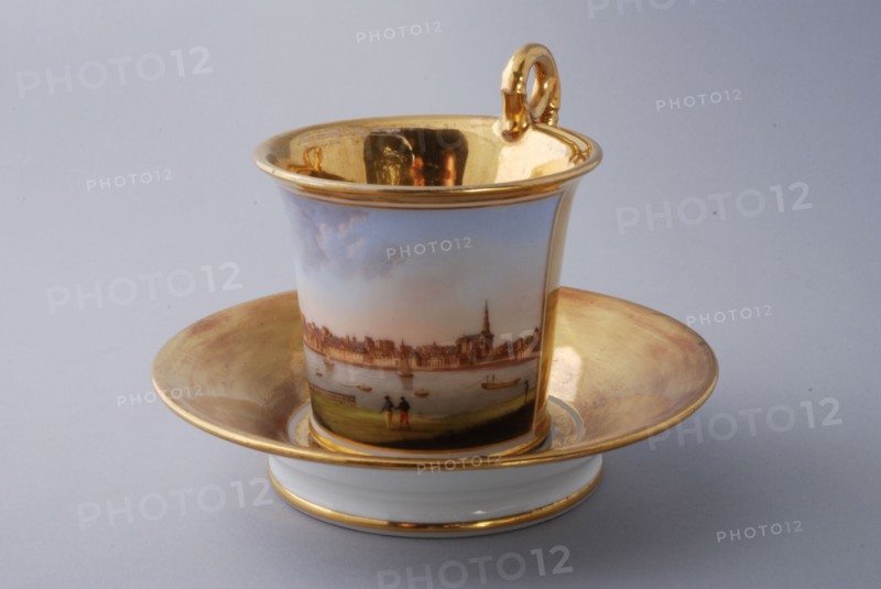 Cup and saucer, part of coffee and tea service with cityscapes, cup and saucer coffee service tea set tableware ceramics