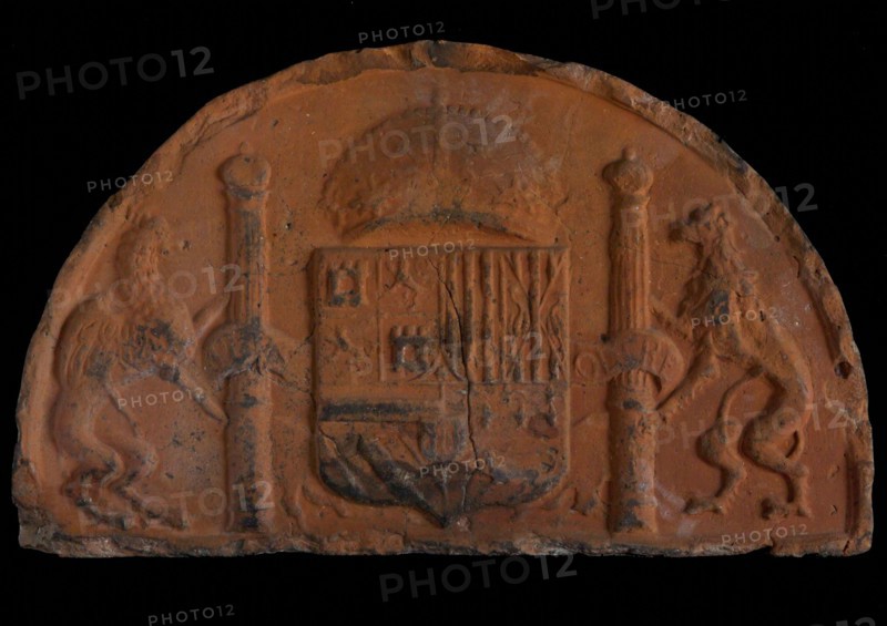 Hearthstone, capstone, with escutcheon of Emperor Charles V, King of Spain, fireplace stone hearth part ceramic brick, burnished