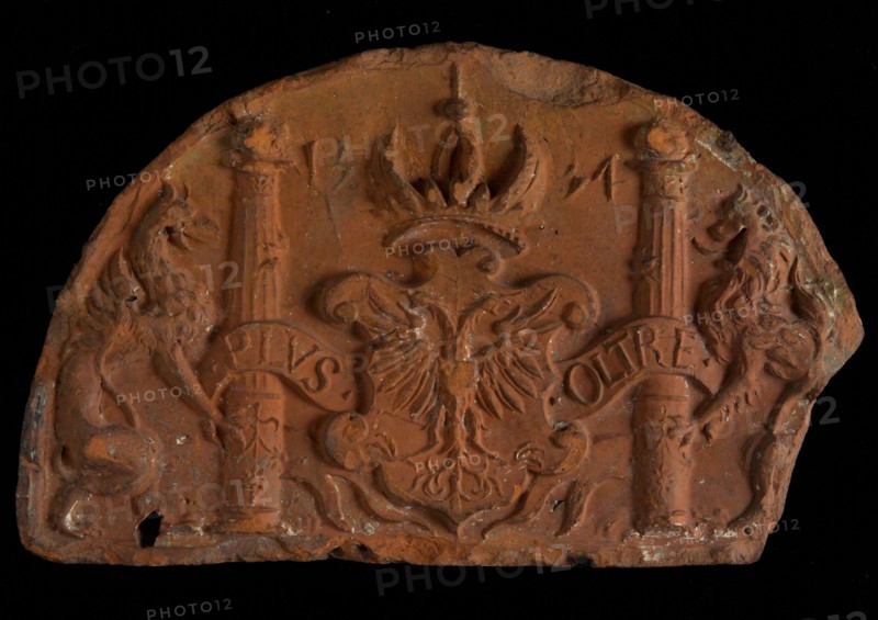 Hearthstone, capstone, with escutcheon of Emperor Charles V, Duke of Austria, hearthstone hearth fireplace component earth