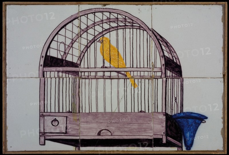 Van der Wolk, Rotterdam tile picture, yellow, purple and blue on white, canary in bird cage, with dark blue water bowl, tile