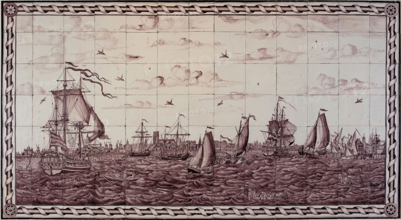 Jan Aalmis jr. of, Purple tile picture with view of Rotterdam, tile picture material ceramic earthenware glaze, baked 2x glazed