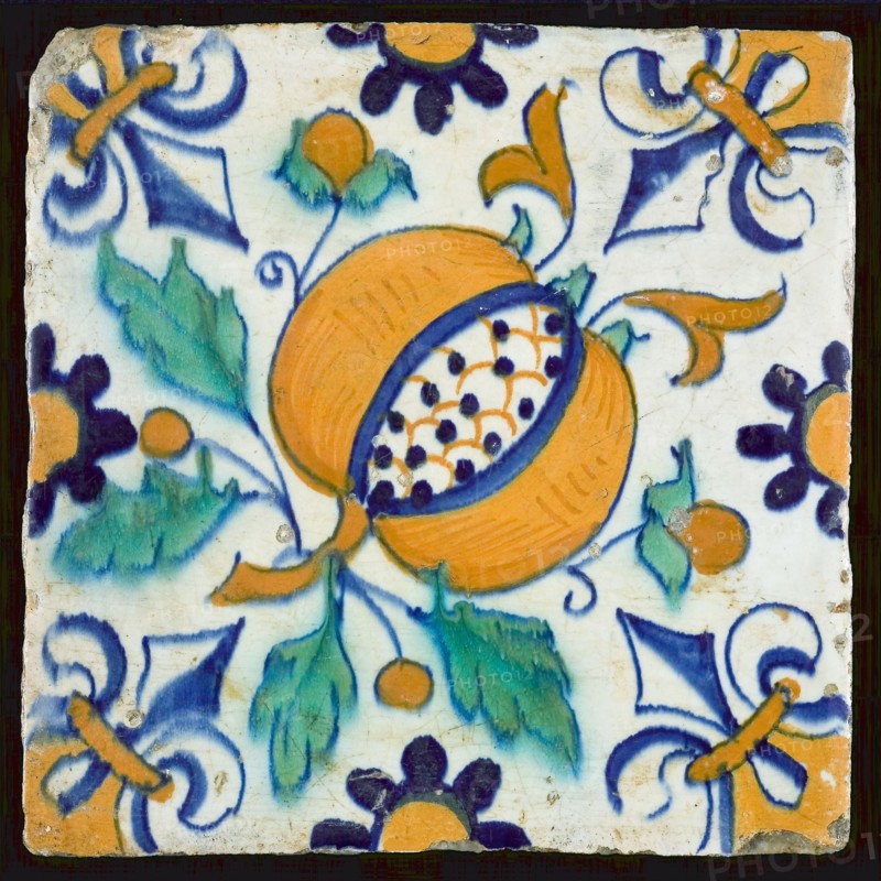 Ornament tile with pomegranate, corner motif lily, wall tile tile sculpture ceramic earthenware glaze, baked 2x glazed painted