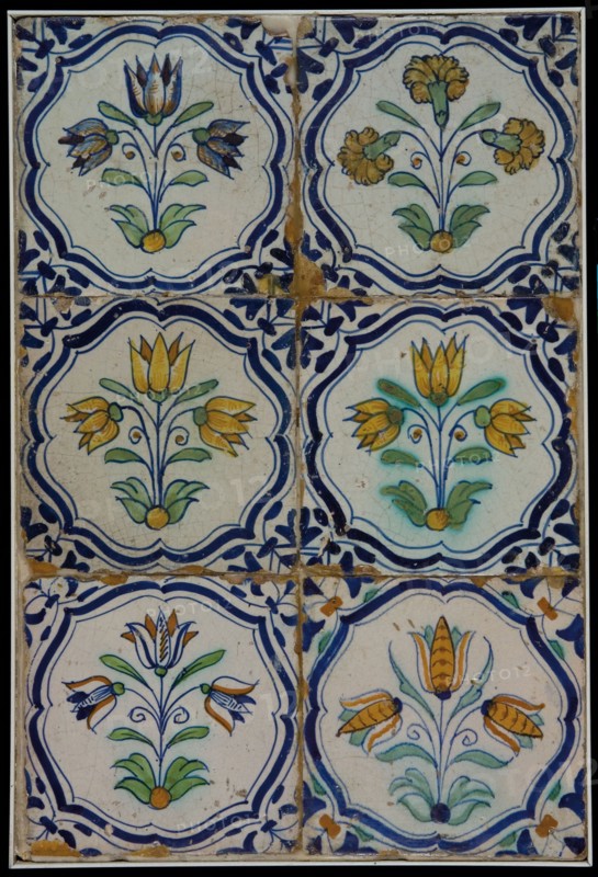 Ornament tile, tile field of six, three high and two wide; accolade tile, multicolored, with three-tier and other flowers within