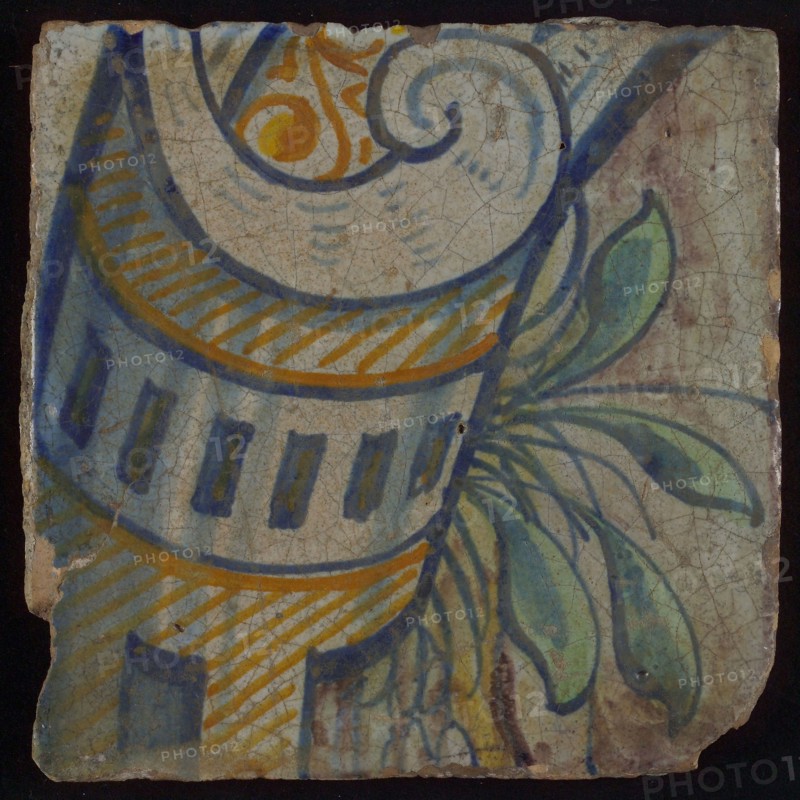 Hans Bernard Vierleger?, Tile, multicolored, in blue, yellow and green on white background, curl and green leaves