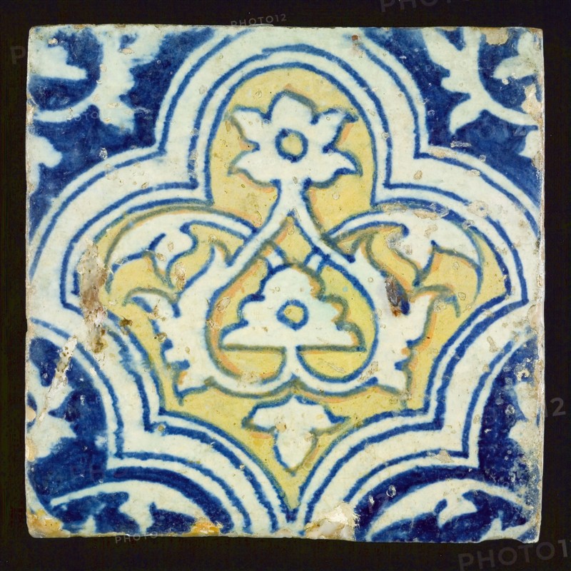 Polychrome ornament tile with braid band decor, blue and yellow, wall tile tile material ceramics pottery glaze, baked 2x glazed