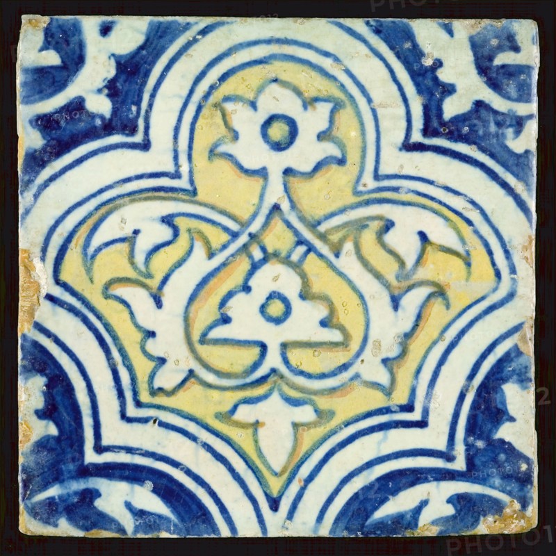 Polychrome ornament tile with braid band decor, blue and yellow, wall tile tile sculpture ceramic earthenware glaze, baked