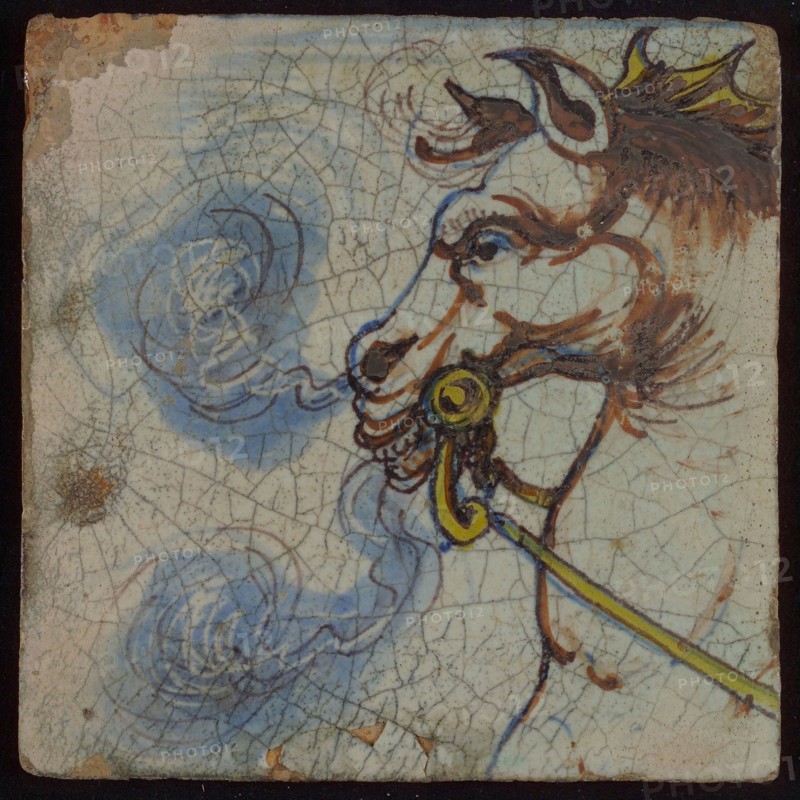Tile, multicolored, roaring horse head, blue, yellow, brown, tile picture footage fragment ceramics pottery glaze tin glaze
