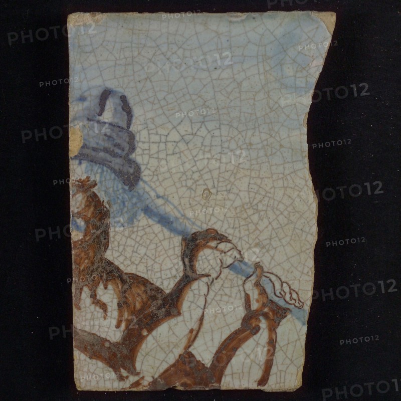 Tile, multicolored, man with club in brown and blue, tile picture footage fragment ceramics pottery glaze tin glaze, baked 2x