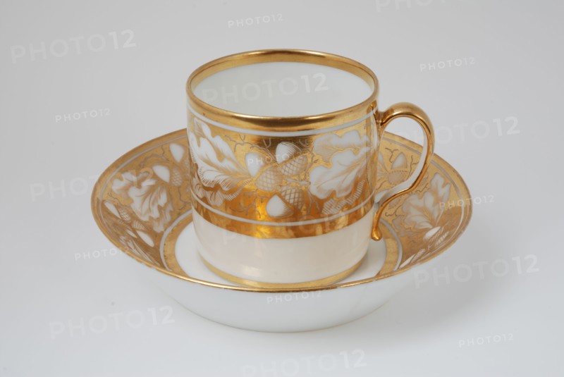 White cup and saucer with gold colored band with acorn and leaf decoration, cup and saucer drinking utensils tableware holder