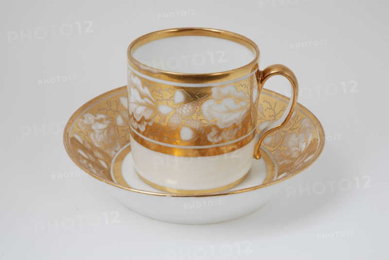 White cup and saucer with gold colored band with acorn and leaf decoration, cup and saucer drinkware tableware holder coffee