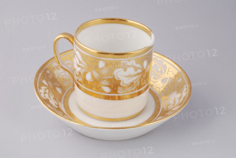 White cup and saucer with gold colored band with acorn and leaf decoration, cup and saucer drinking utensils tableware holder