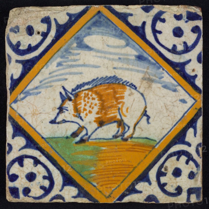 wall tile tile sculpture ceramic earthenware glaze, baked 2x glazed painted alternating yellow-reddish shard. Blue pull yellow