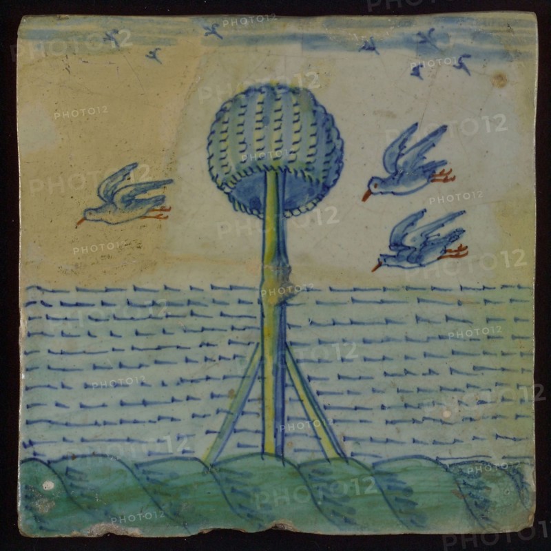 Multi-colored tile, blue, green, yellow and red on white ground, beacon In the sea with reverse basket, around which three birds