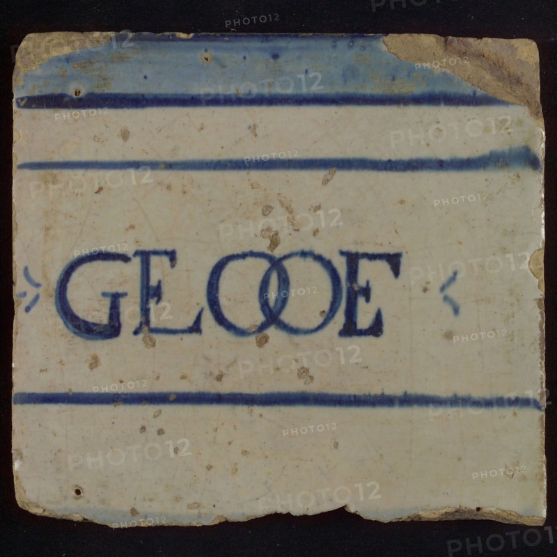 White tile with in blue horizontal lines and Faith, tile picture footage fragment ceramics pottery glaze, baked 2x painted
