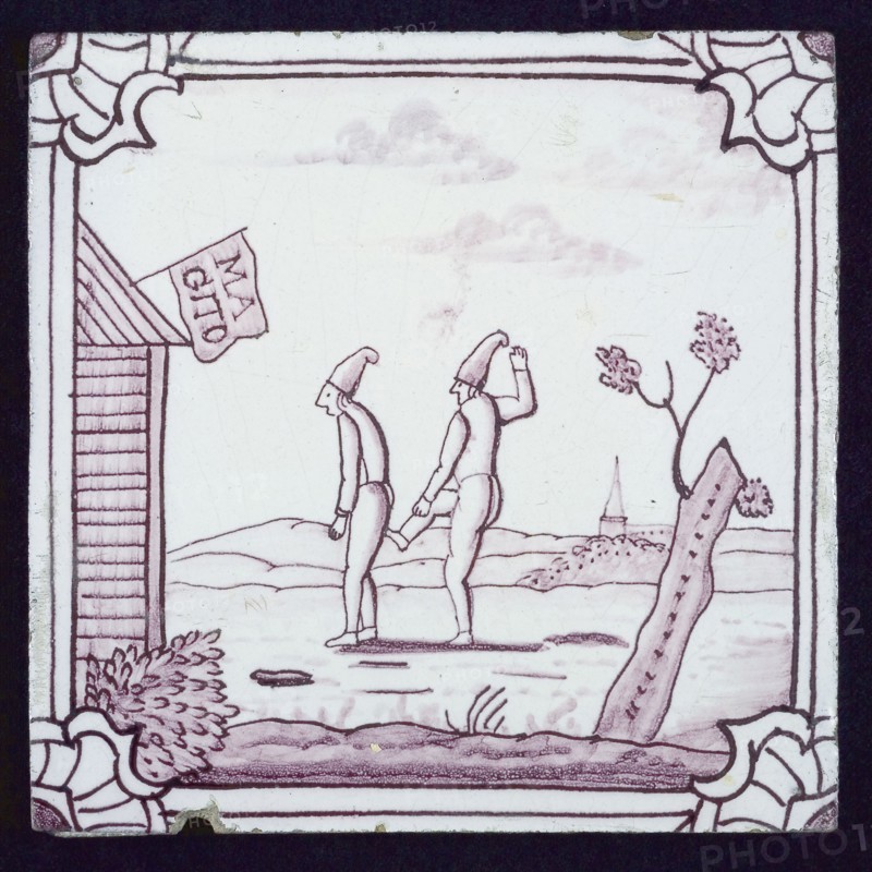 tile manufacturer: Aalmis, Figure tile, purple; two figures for building with Magito sign, wall tile tile sculpture ceramic