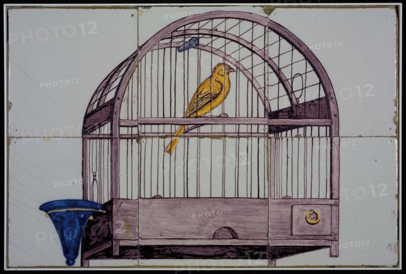 Rotterdam tile picture, six tiles, yellow, purple and blue on white, canary in cage with blue water bowl, tile picture material