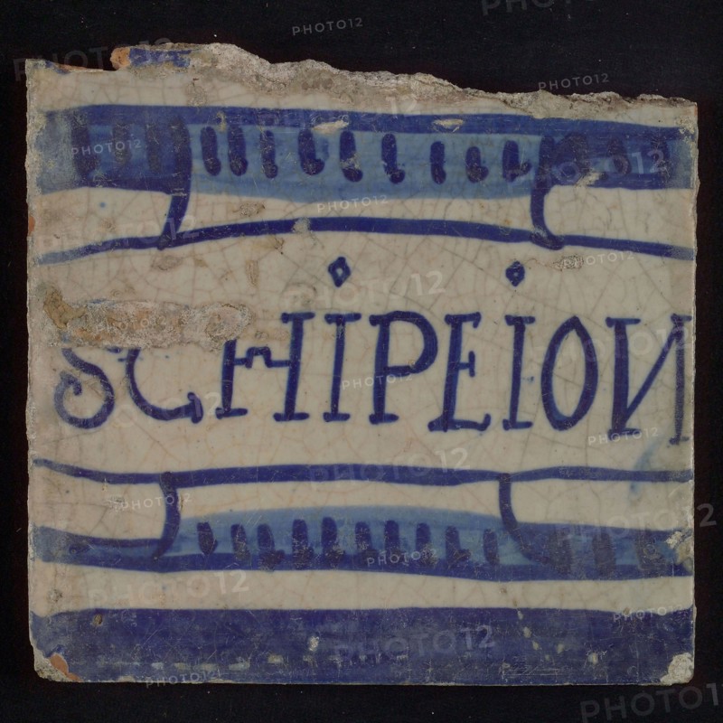 Tile, blue horizontal lines, partially colored, SCHIPEION, tile picture material fragment ceramics pottery glaze tin glaze