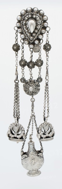 Silver chatelaine with two signets, watch key and vial, chatelaine clothing accessory clothing silver, Crochet chain knot
