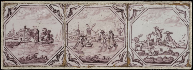 Tile field, three tiles, all with scene decoration in octagon, manganese on white, cityscape, ice face and shepherd scene
