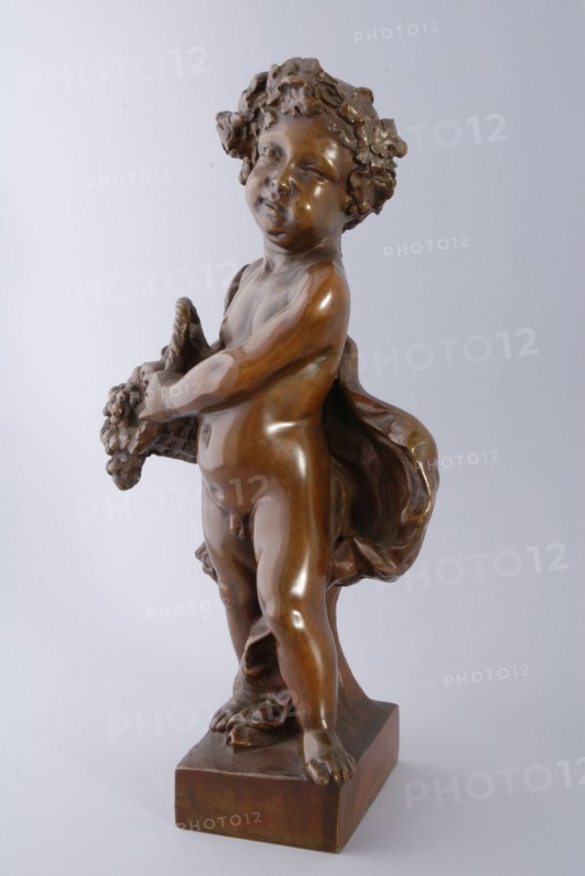 Simon Miedema, Cast bronze statue of child with wreath on head and flower basket in hand, autumn, from series the seasons