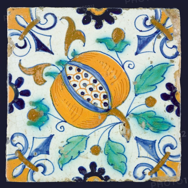 Ornament tile with pomegranate, corner pattern lily, wall tile tile sculpture ceramic earthenware glaze, baked 2x glazed painted