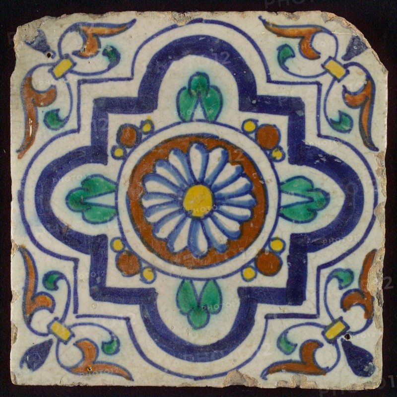 Ornament tile, central rosette with four-step variant frame, corner motif wing leaf, wall tile tile sculpture ceramic