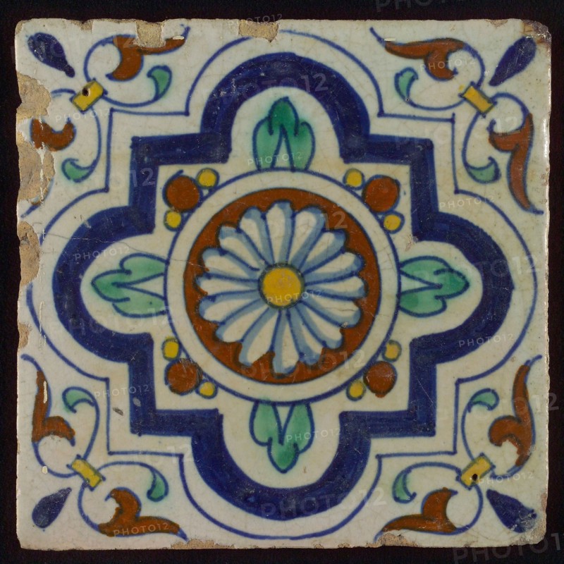 Ornament tile, central rosette with four-step variant frame, corner motif wing leaf, wall tile tile sculpture ceramic