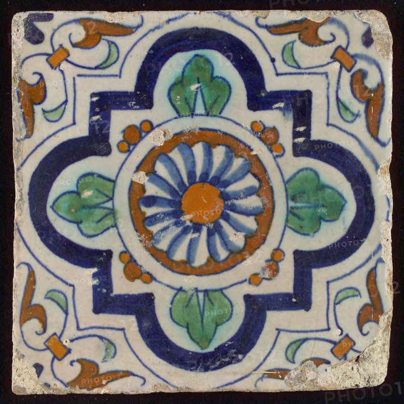 Ornament tile, central rosette with four-step variant frame, corner motif wing leaf, wall tile tile sculpture ceramic