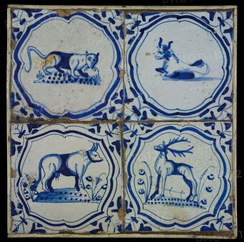 Square tile field, four tiles, animal decor, blue on white, cat-like, two cows and deer, in accolade, corner motif, tiled field