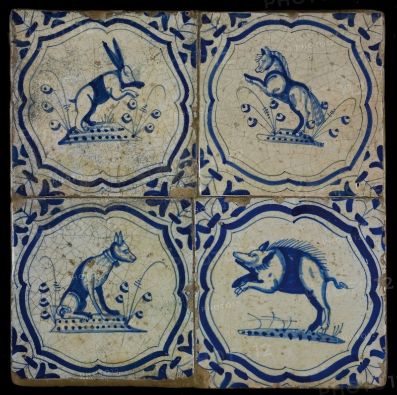 Tile field, four tiles, animal decor, blue on white, with hare, horse, dog and wild boar in braces, corner motif, wing, tiled