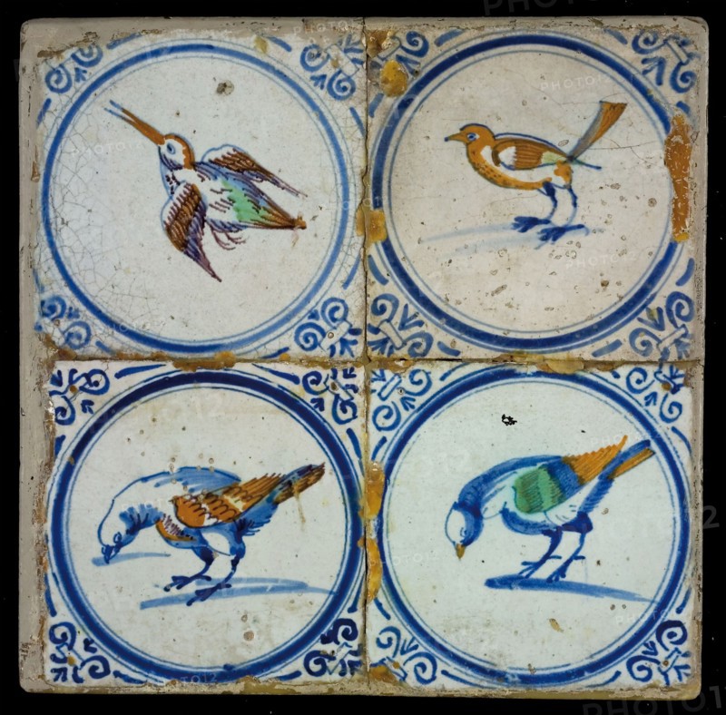 Tile field, four tiles, animal decor, orange, blue and green on white, four birds, including kingfisher, corner pattern ossenkop