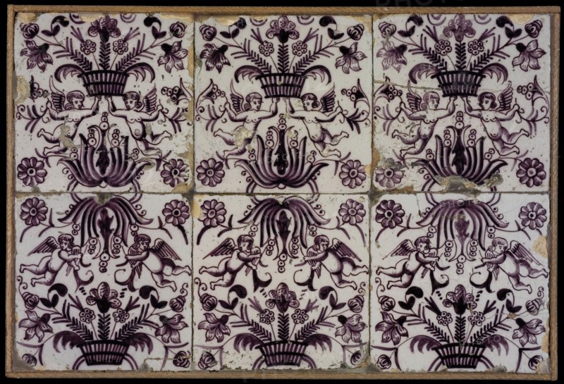 Tile field, six ornament tiles, floral decor, purple on white, flower basket worn or crowned by an angel, tiled field wall tile
