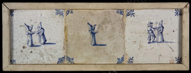 Tile field, three tiles, blue on white, two monks with cross in pipe, monk with cross in pipe, monk with cross in his legs