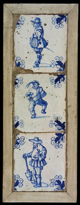 Tile field, three tiles, blue on white, warrior, dancing artist, man with shovel, corner motif, tile field wall tile tile