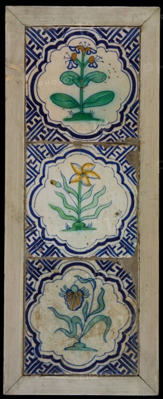 Tile field, three tiles, floral decor, orange, yellow, blue and green on white, corner motif meander, tiled field wall tile tile