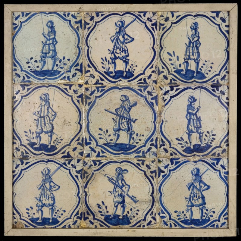Tile field, nine tiles, blue on white, soldiers in brace frame, corner motif, tiled field wall tile tile sculpture ceramic