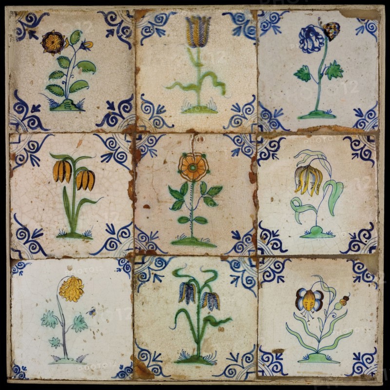 Tile field, nine tiles, orange, yellow green and blue on white, flowers on ground, corner pattern ox head, tiled field wall tile