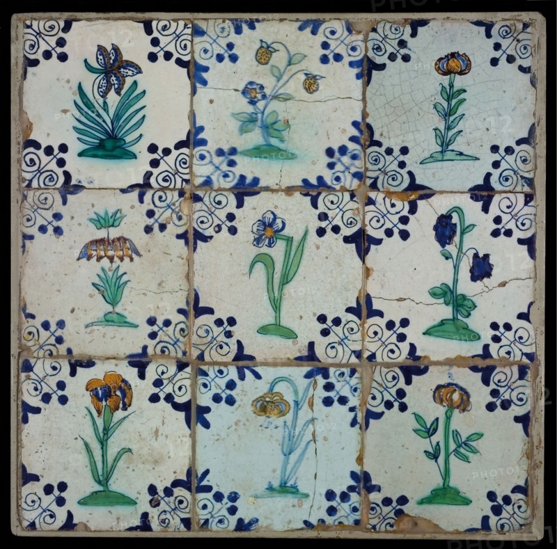 Tile field, nine tiles, orange, green and blue on white, flower on ground, corner design three-section, tiled field wall tile