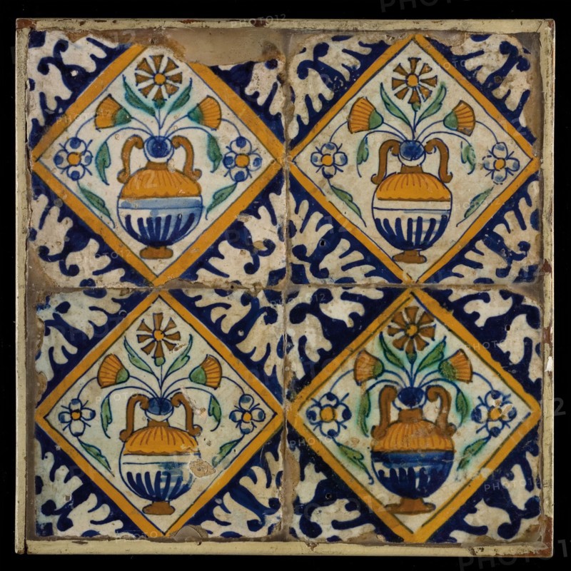 Tile field, four tiles, orange, green and blue on white, flowerpot in square, corner pattern palmet, tile field wall tile tile