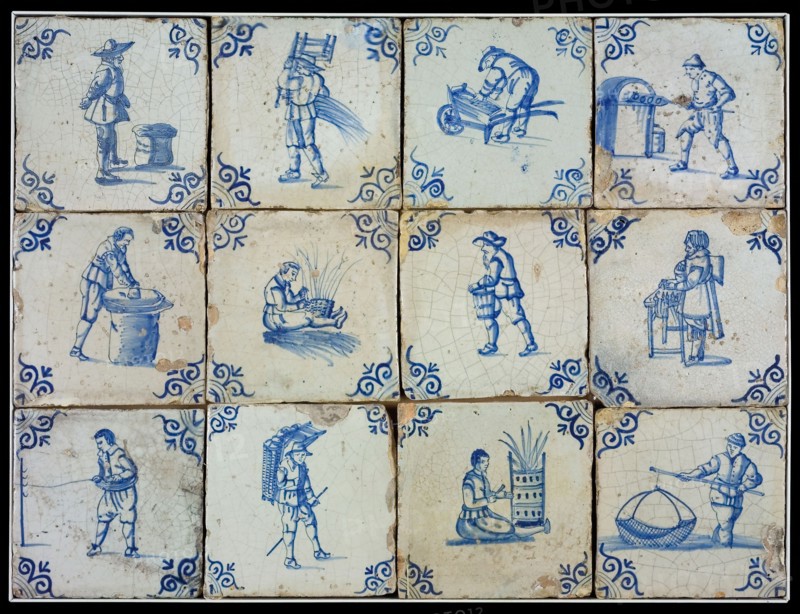 Tile field, twelve tiles, blue on white, professions, including chairs, baker, fisherman, corner motif, ox-head, tiled field