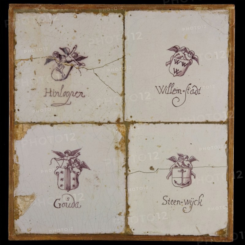Tile field, four tiles, purple on white, city coat of arms Hinloopen, Willem-stadt, Gouda, Steen-wijck, tiled field wall tile