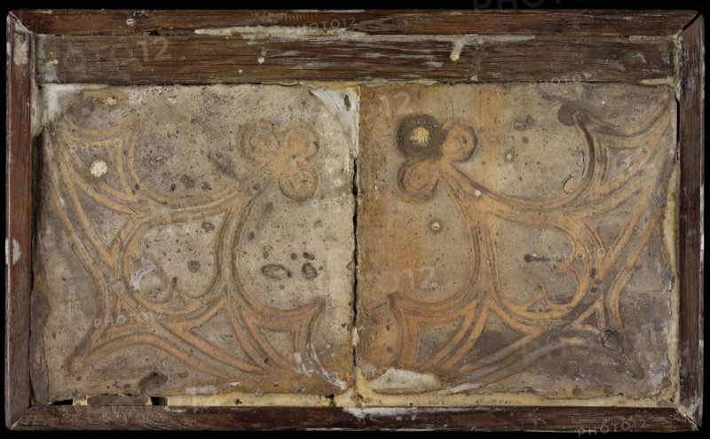 Tile field, two tiles, yellow reddish brown, carved decor, ornamental design, tiled field wall tile tile sculpture ceramics
