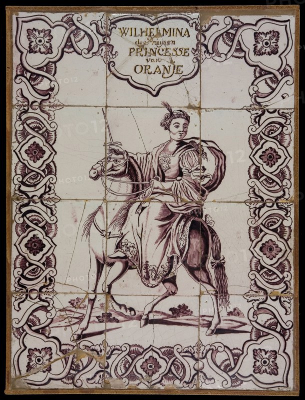 Tile panel, twelve tiles, purple on white, Wilhelmina de Pruysen, Princesse van Oranje on horseback, tile picture ceramic