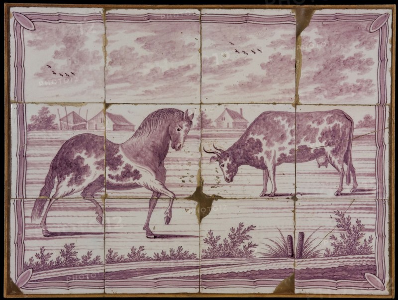 Tile panel, twelve tiles, purple on white, horse and cow in polder landscape, tile picture material ceramics pottery glaze