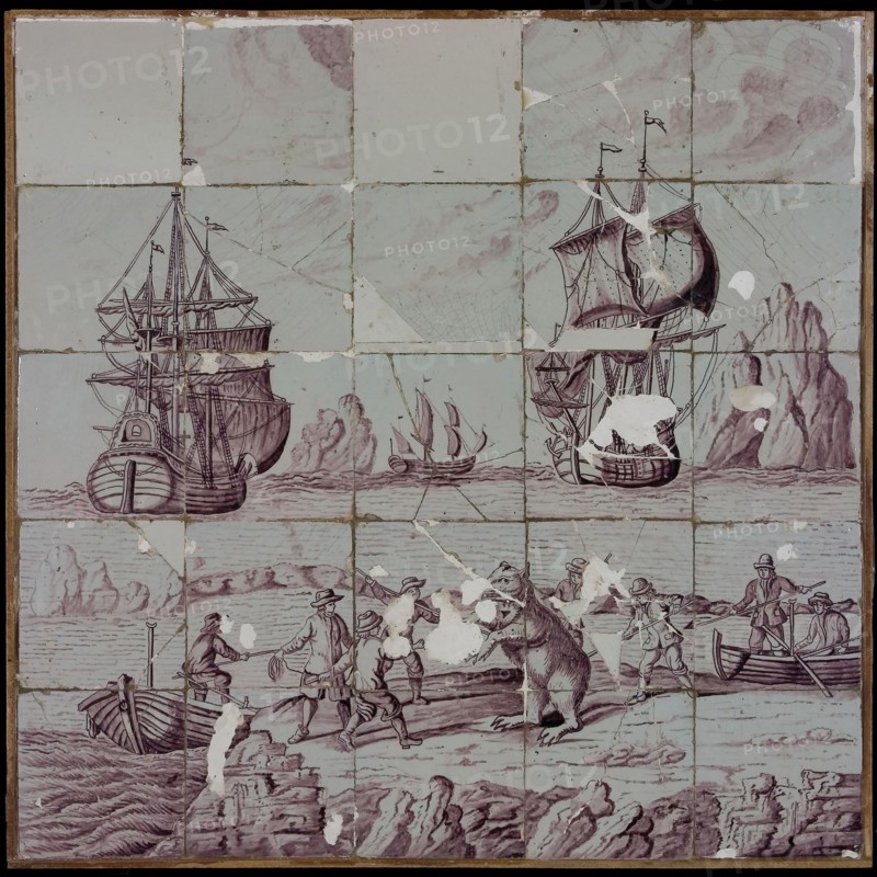 Aalmis, Purple tile picture, hunt for polar bear, Dutch in the polar ice, tile picture material ceramics pottery glaze wood
