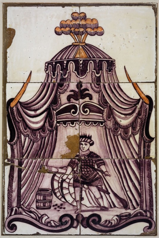 Purple tile tableau, gunner with turban by gun, bullets and powder keg in tent, tile picture material ceramics pottery glaze tin