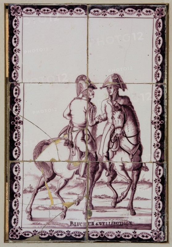 Purple tile picture, Blücher and Wellington shook hands, tile picture material ceramic earthenware glaze wood, baked 2x glazed