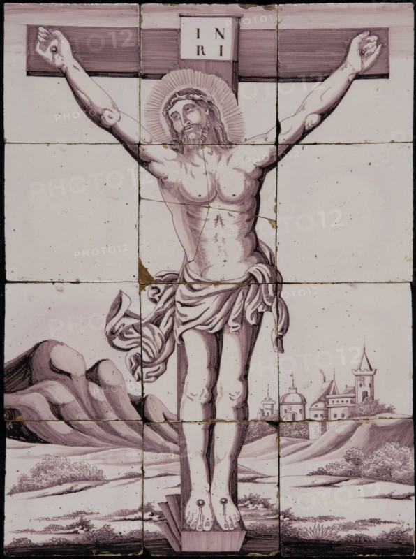 Purple tile picture of twelve separate tiles, crucifixion of Jesus Christ, tile picture ceramic earthenware glaze, baked 2x