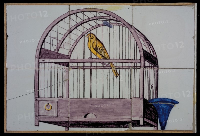 Van der Wolk, Tile panel, six tiles, yellow, purple and blue on white, canary in bird cage with blue water tray, tile picture