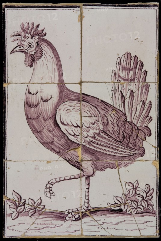 Tile panel, six tiles, animal decor, purple on white, rooster, tile picture material ceramic earthenware enamel, baked 2x glazed